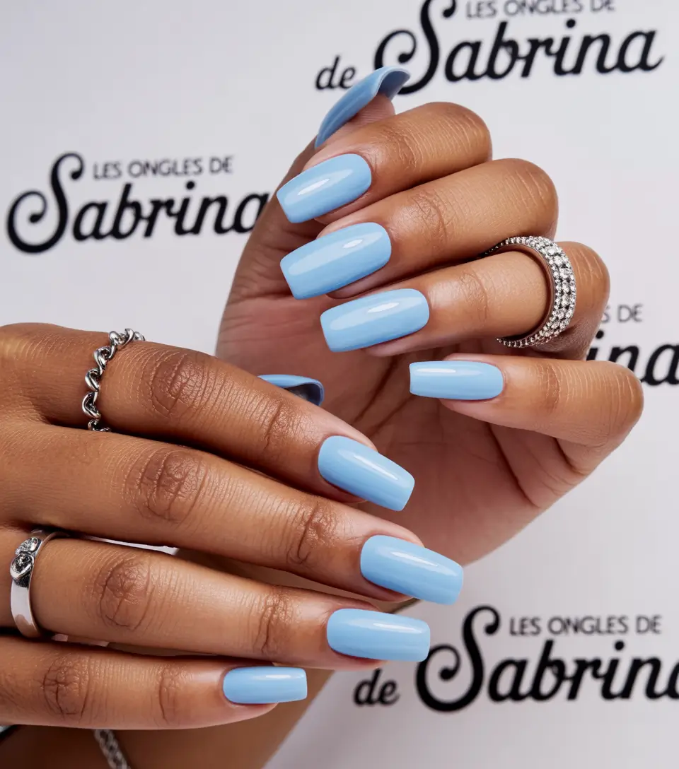 light blue nails Glossy Baby Blue With a Clean Short Silhouette