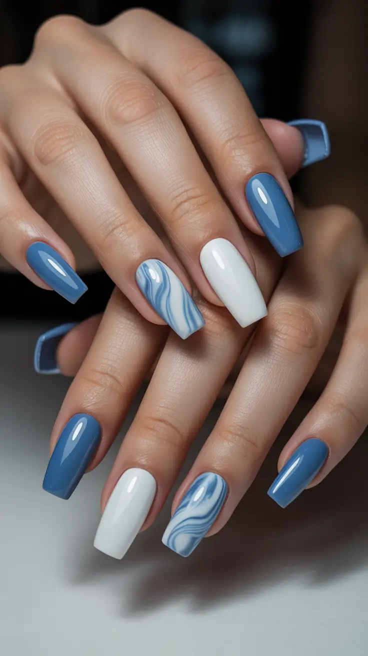 light blue nails Blue and White Marble With Depth