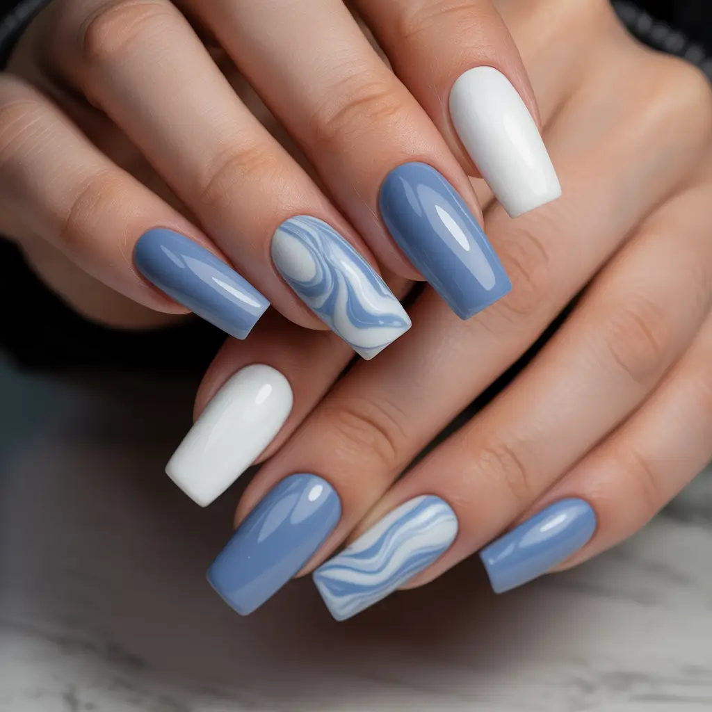 light blue nails Muted Blue With Graphic Black and Silver Accents