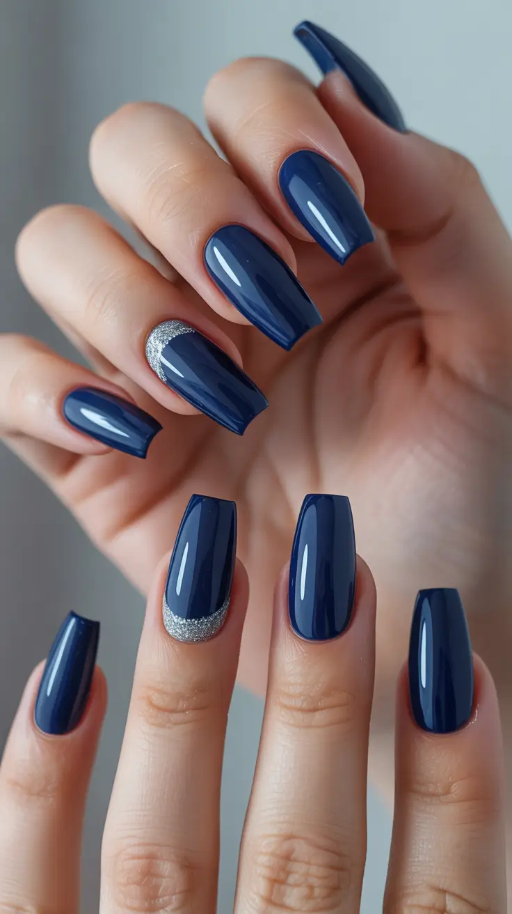 simple nails Midnight Blue Minimalism With a Soft Accent