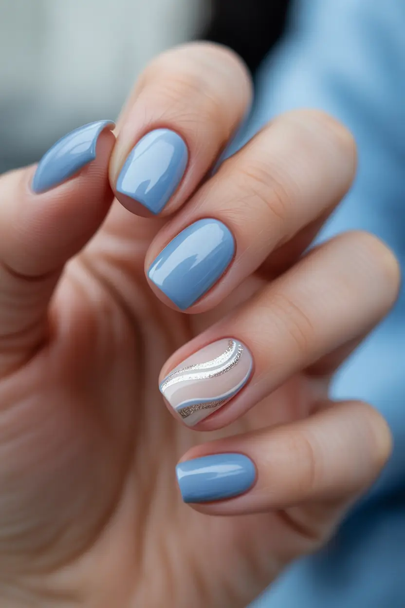simple nails Short Blue Nails With a Minimal Silver Accent