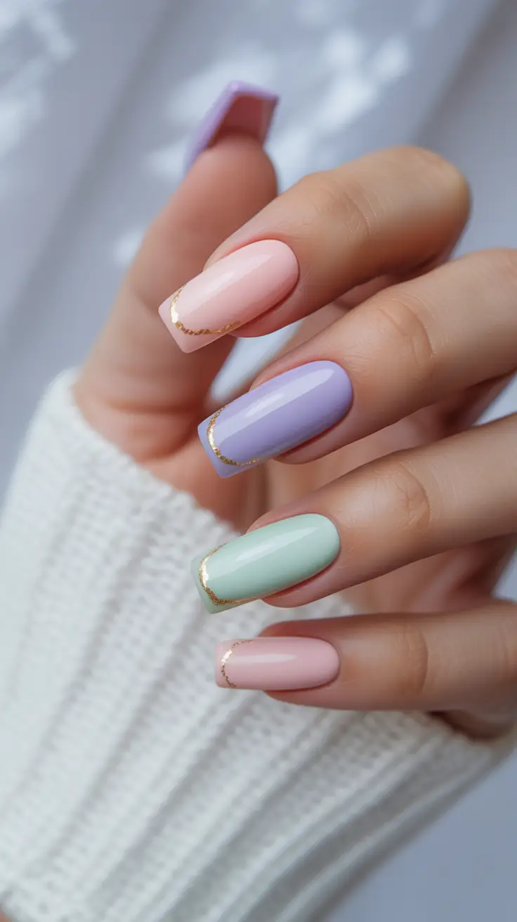 simple nails Pastel Minimalism With a Fine Gold Line