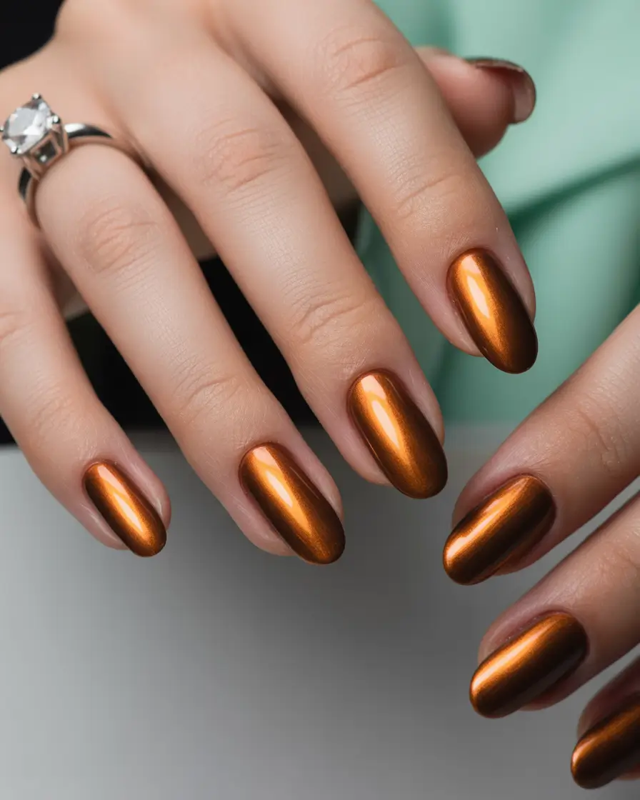 simple nails Warm Bronze Chrome Almond Nails