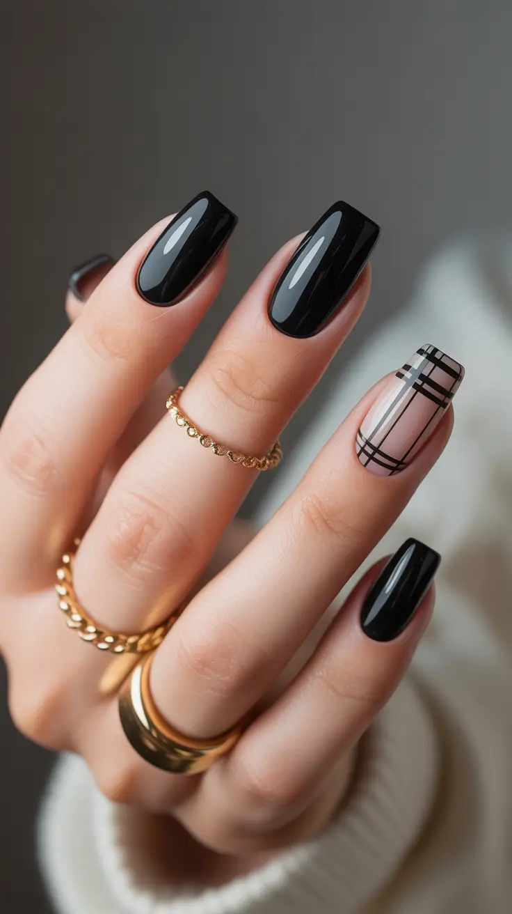 simple nails Graphic Black Square Nails With Minimal Line Art