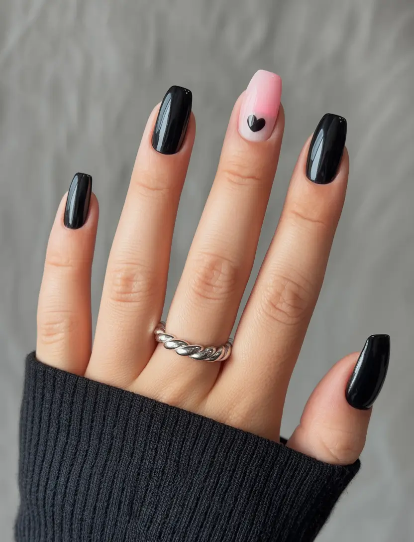 simple nails Black Minimal Nails With a Soft Heart Accent