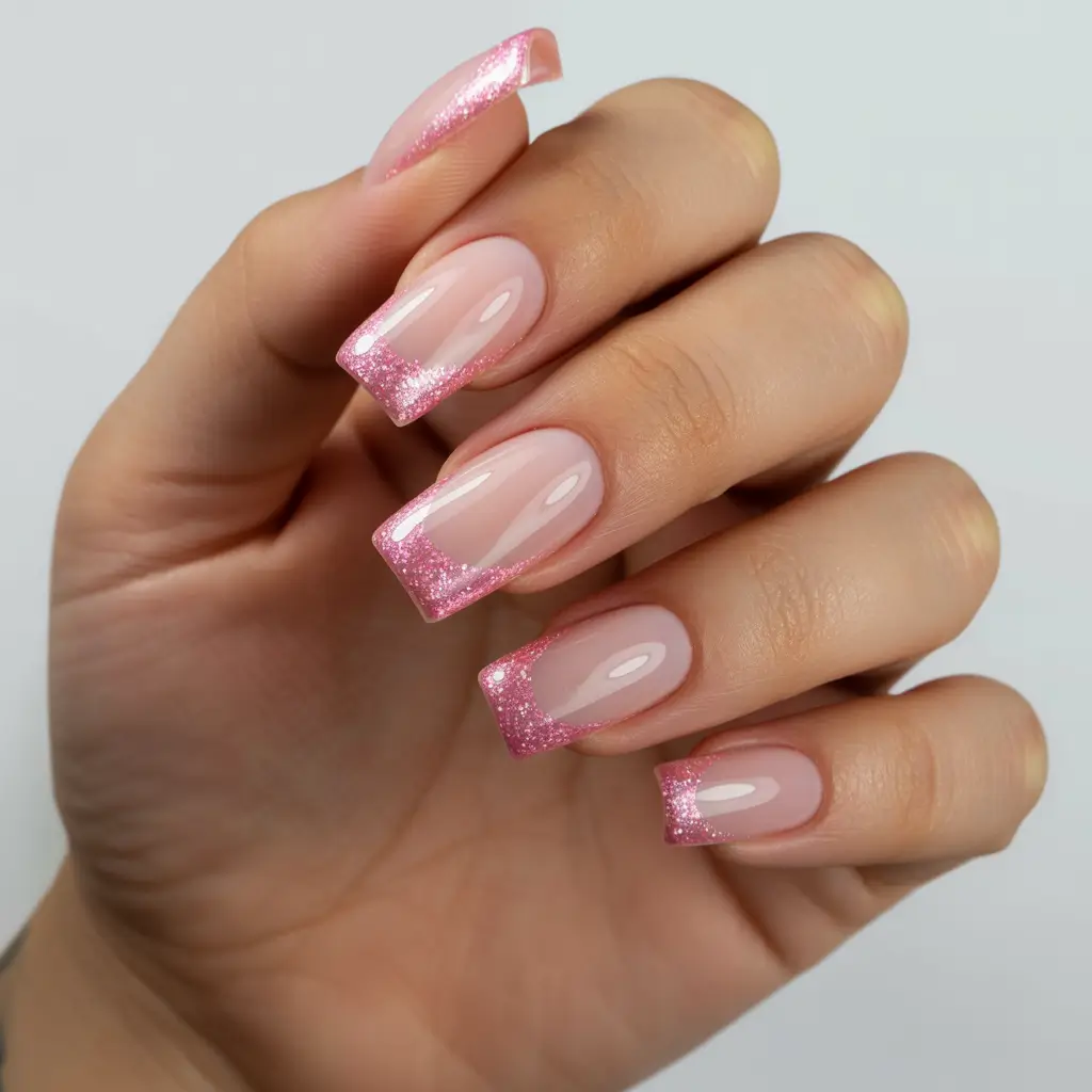 simple nails Sheer Pink Square Nails With Glitter Tips