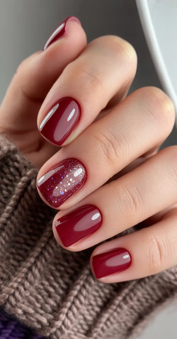 simple nails Short Burgundy Nails With a Subtle Glitter Accent