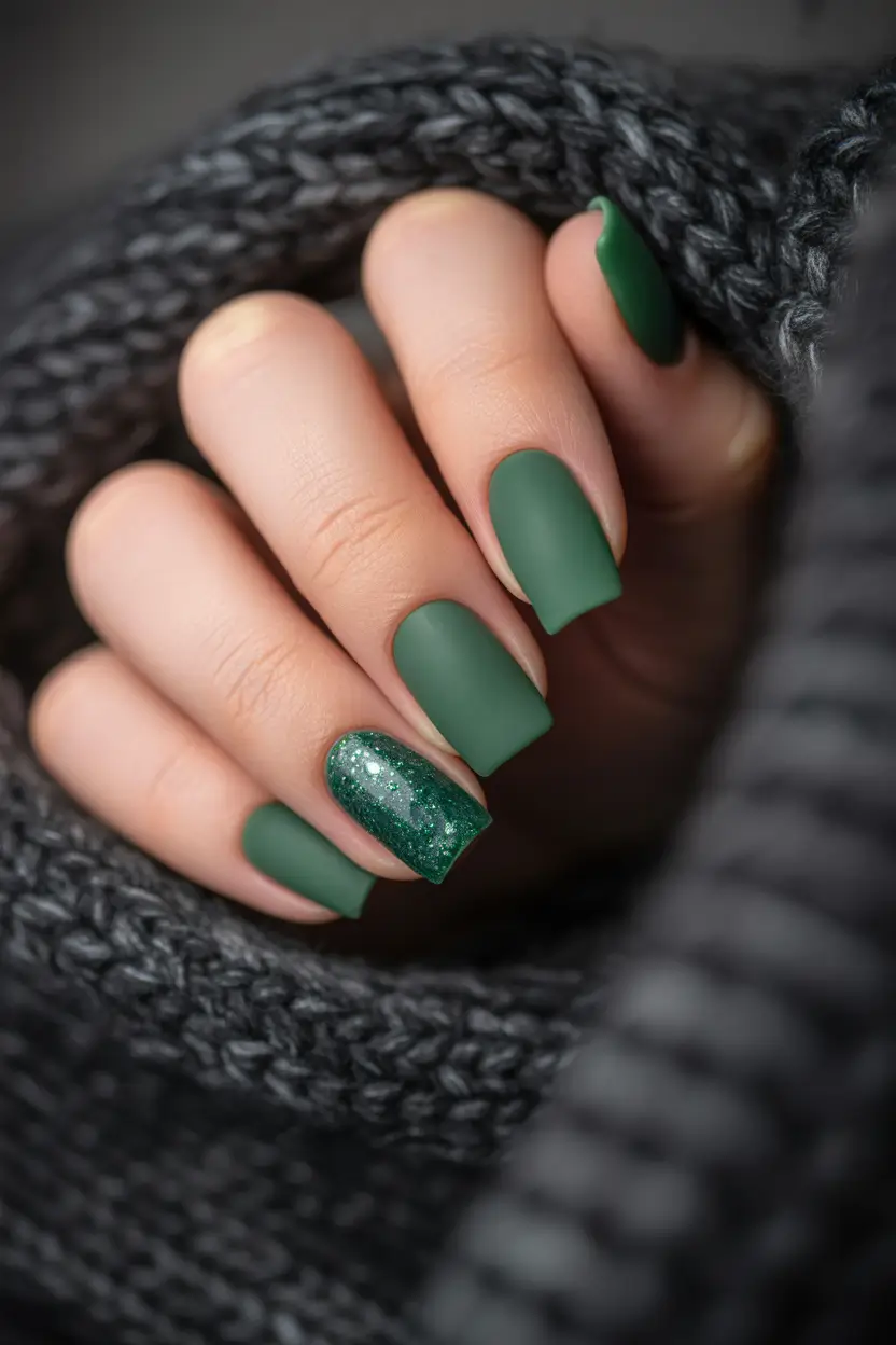 simple nails Matte Forest Green With a Glitter Whisper