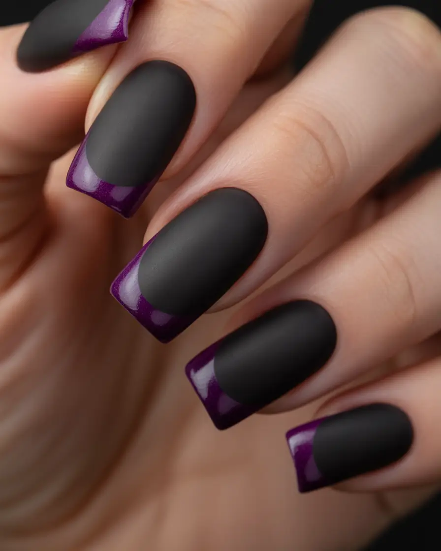 simple nails Matte Black Square Nails With Purple French Tips