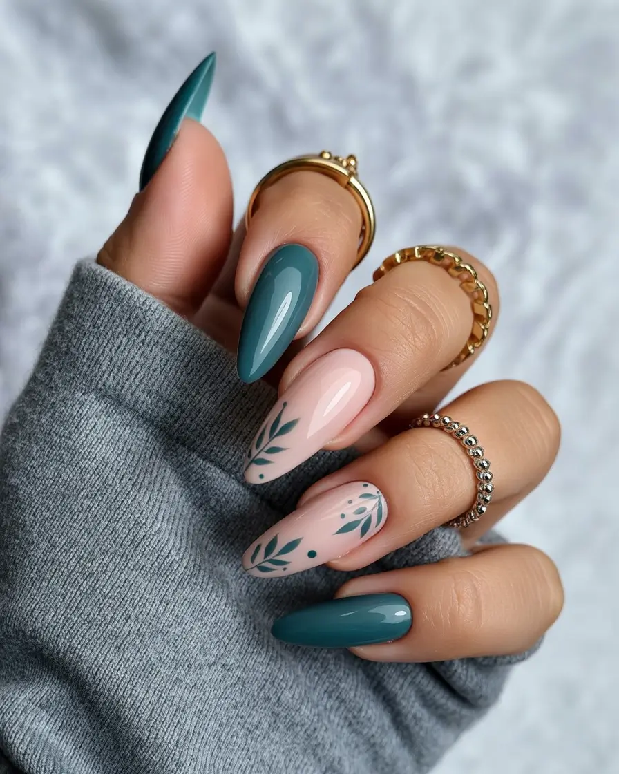 simple nails Botanical Almond Nails in Muted Green and Blush