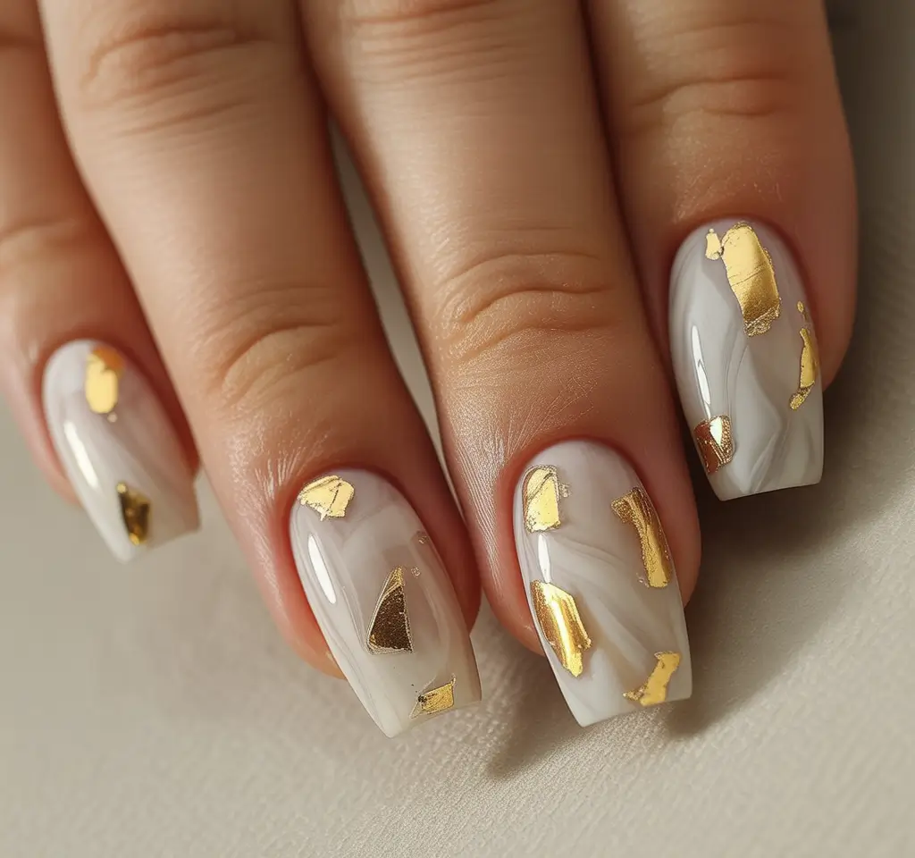 nail colors Milky Marble Nails With Gold Foil Accents