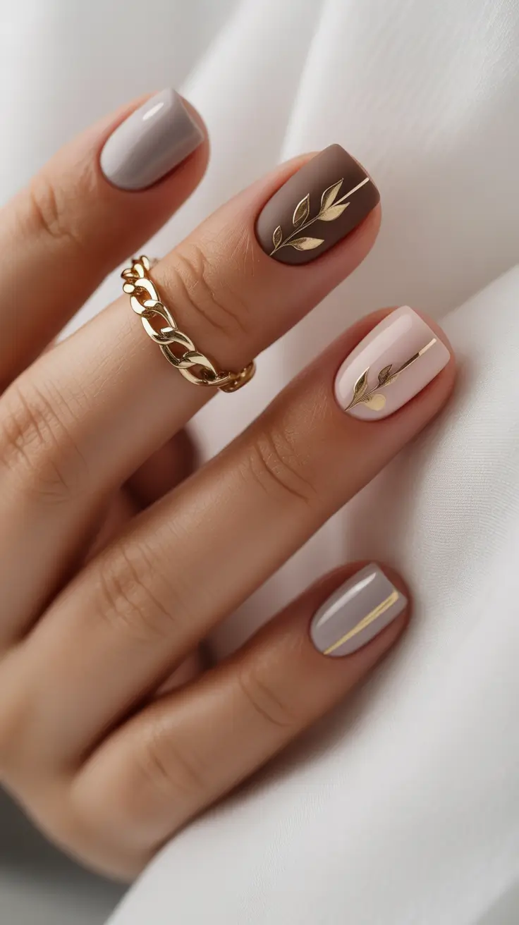 nail colors Neutral Nails With Botanical Gold Line Art