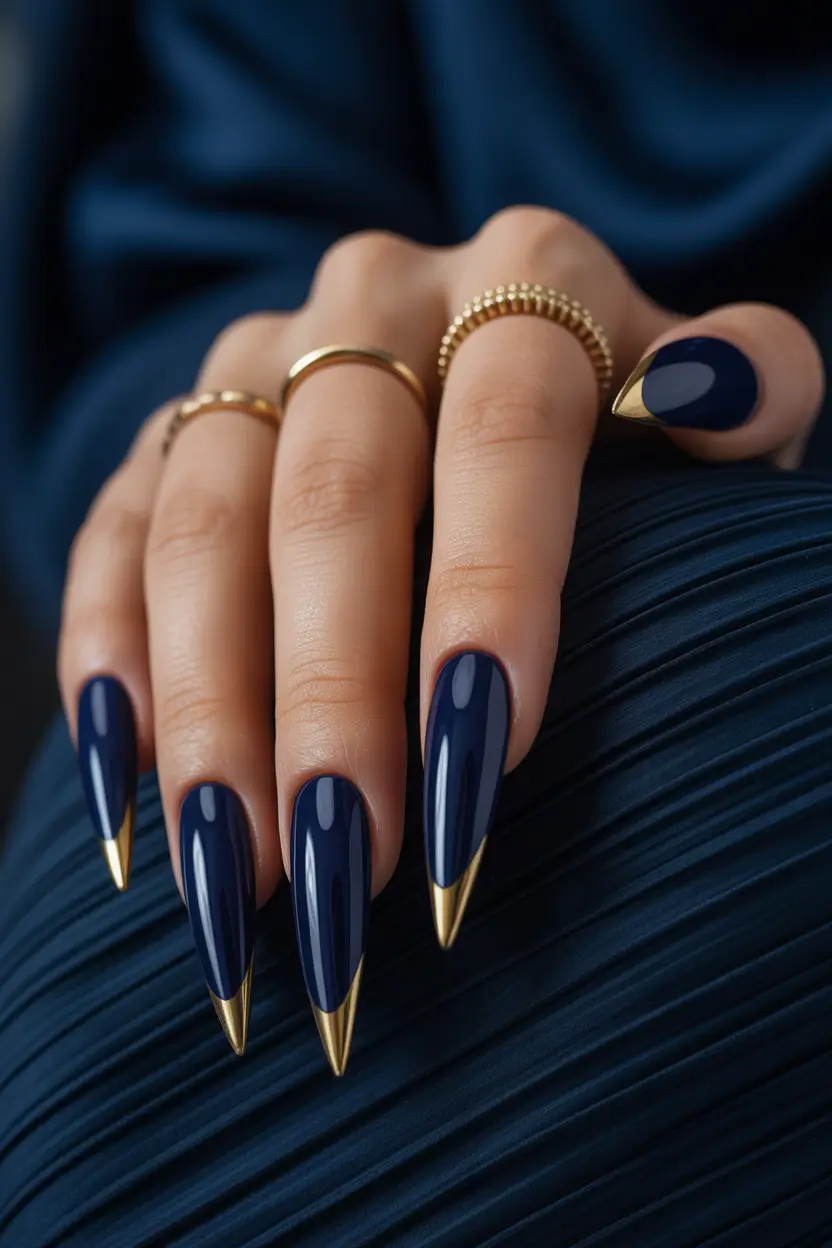 nail colors Sculpted Navy With Gold Accents
