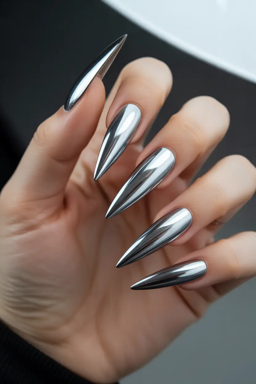nail colors Mirror Chrome Stiletto Nails