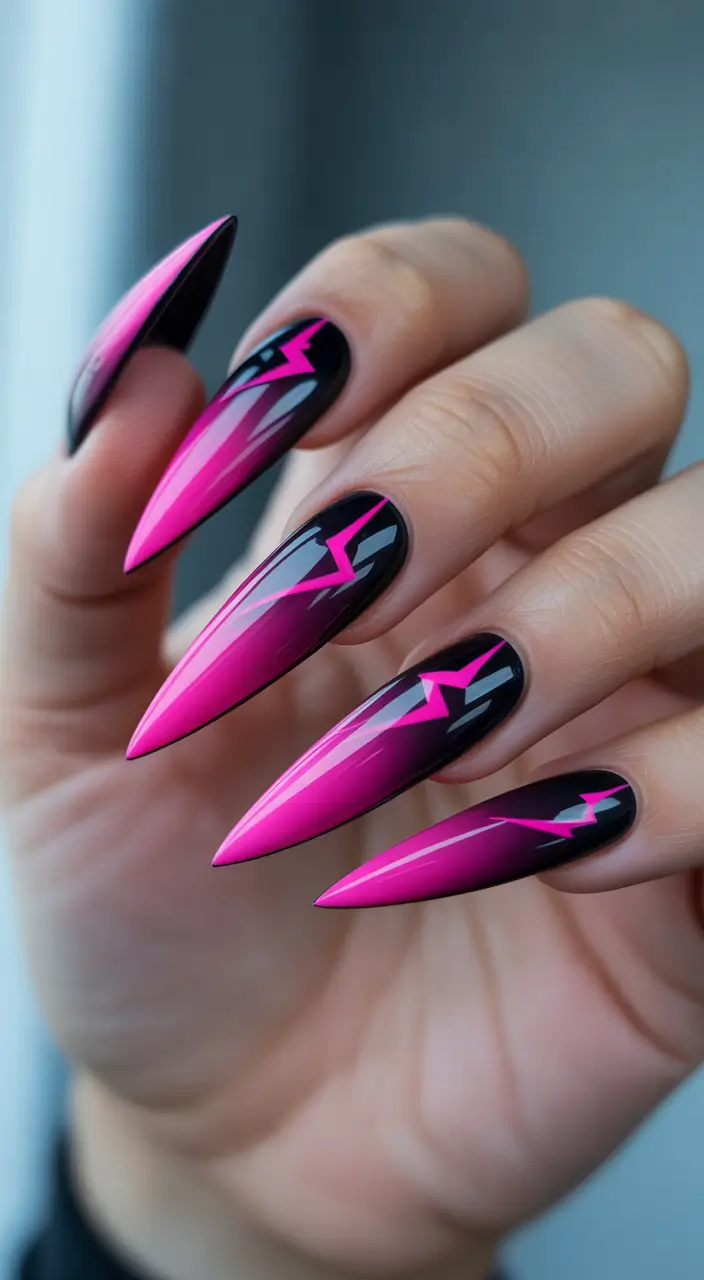 neon nails Electric Pink Lightning on Glossy Black