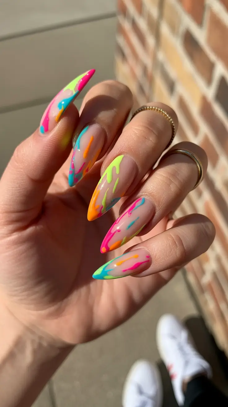 neon nails Multicolor Neon Drips on Nude Base