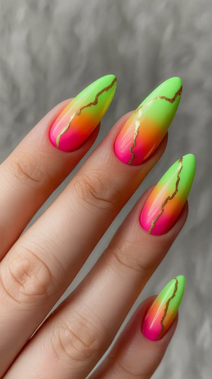 neon nails Neon Gradient Sunset with Gold Veins