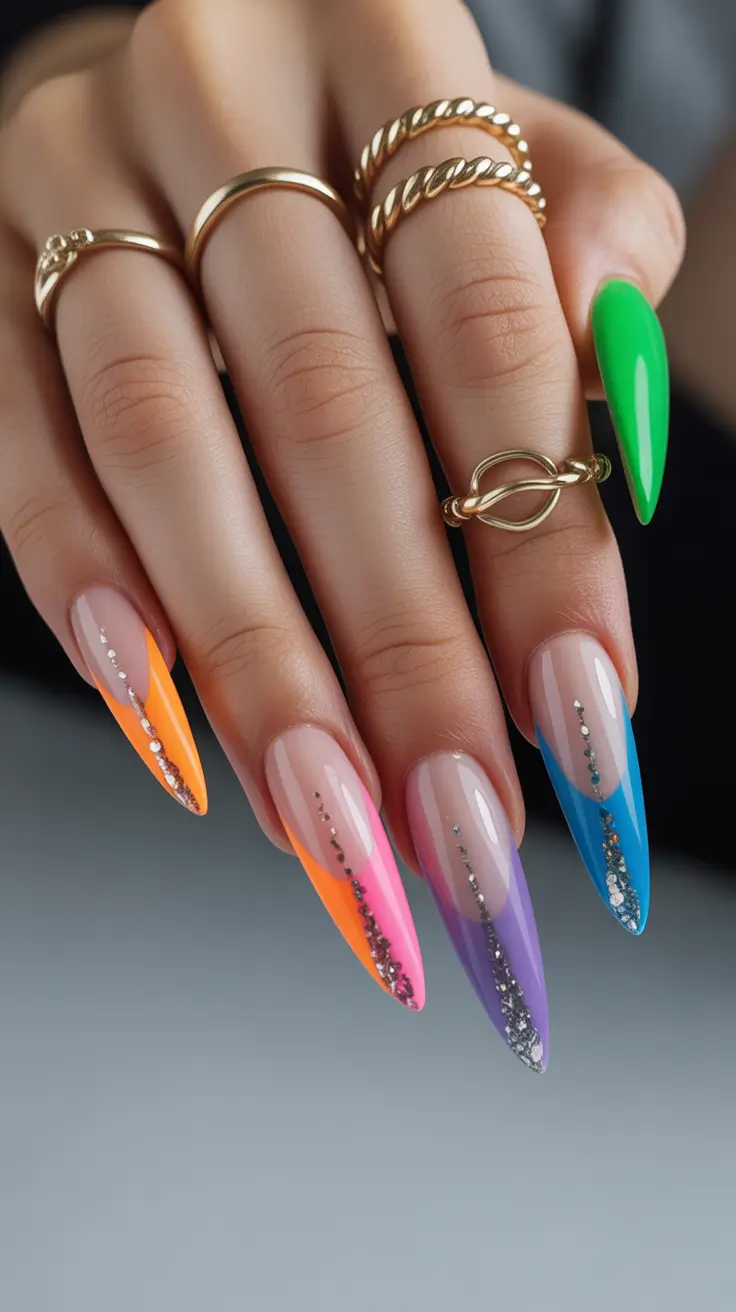 neon nails Neon French Tip with Multicolor Glitter Lines
