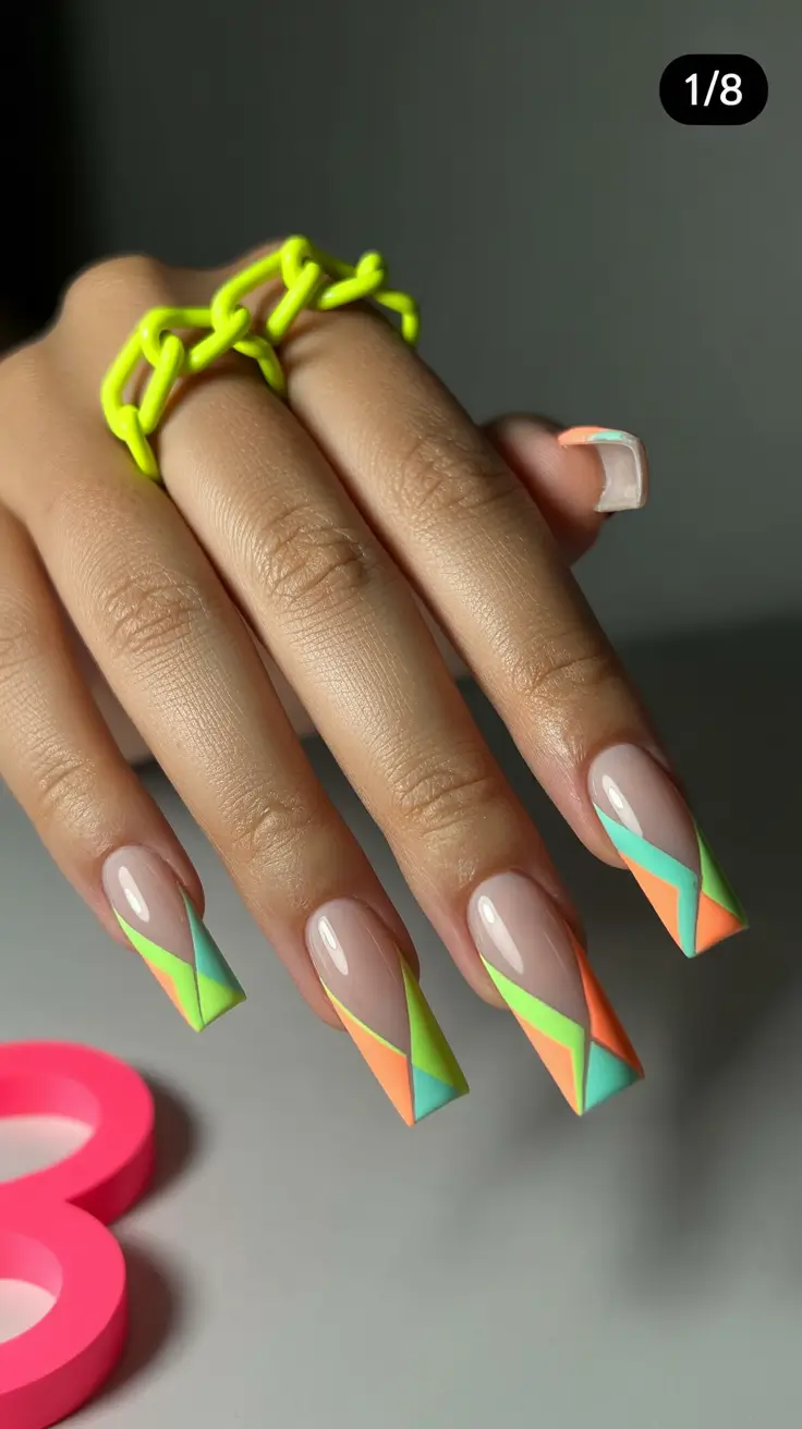 neon nails Geometric Neon Color Block French Tip
