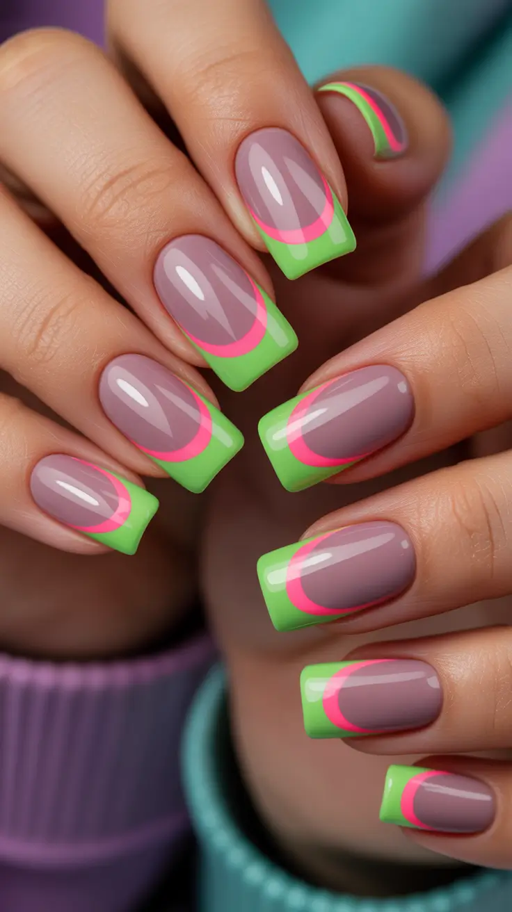 neon nails Neon Green and Pink Double French Tip