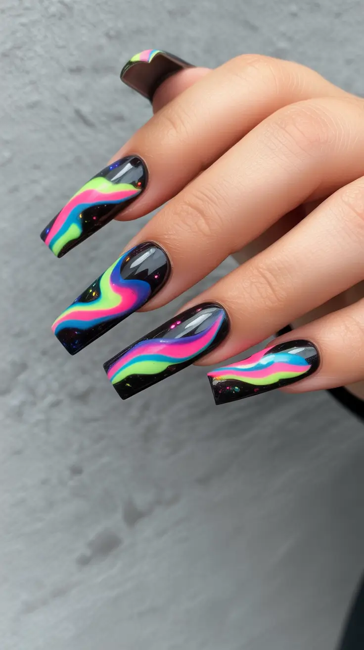 neon nails Neon Rainbow Waves on Deep Black