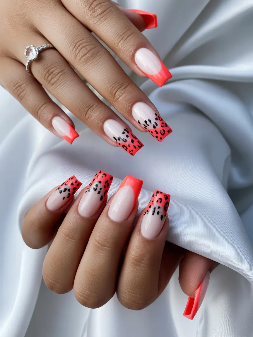neon nails Neon Coral Leopard French Tip