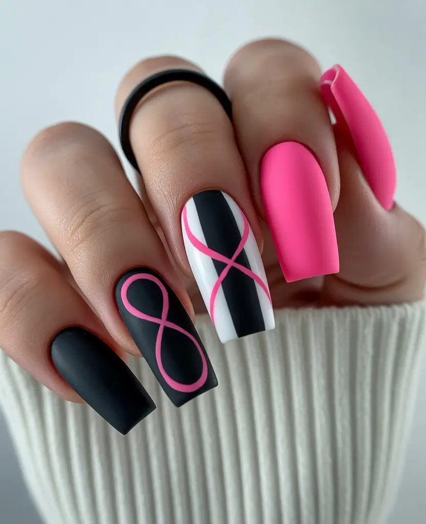 neon nails Neon Pink Graphic Lines on Black