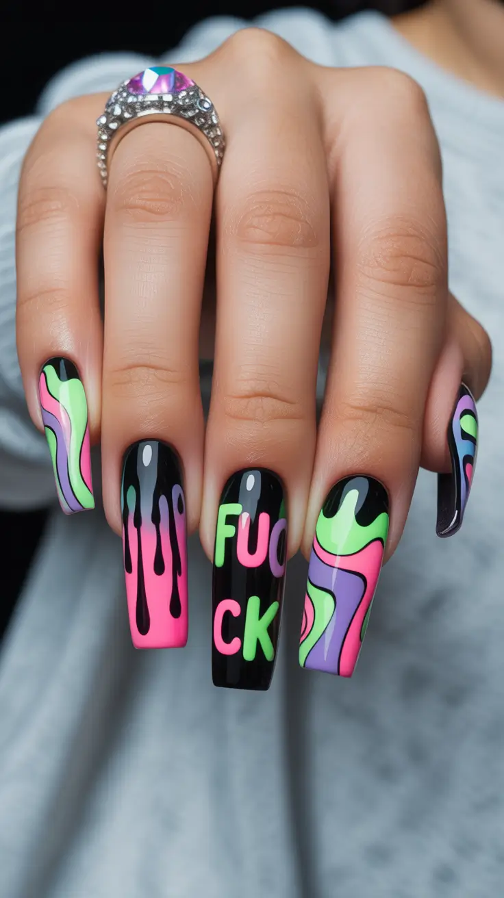 neon nails Neon Lettering and Drips on Glossy Black