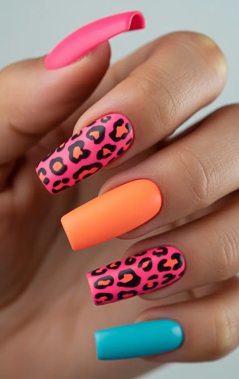 neon nails Neon Leopard Print with Orange Accents