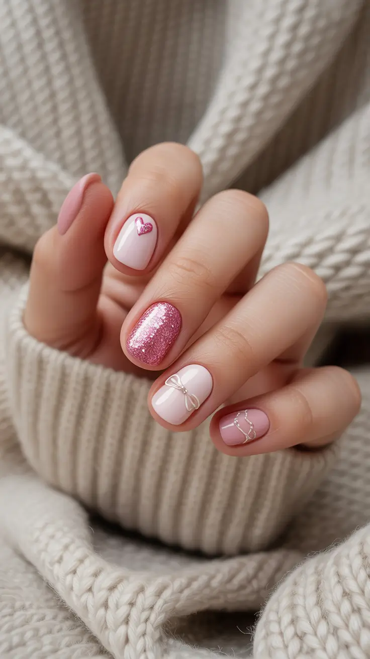 pastel nails Short Pink glitter Cute Design ideas 2026