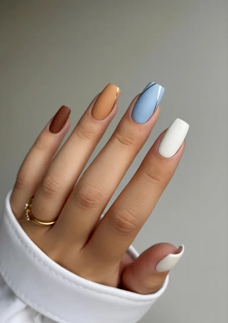 pastel nails Blue neutral color block Design ideas 2026