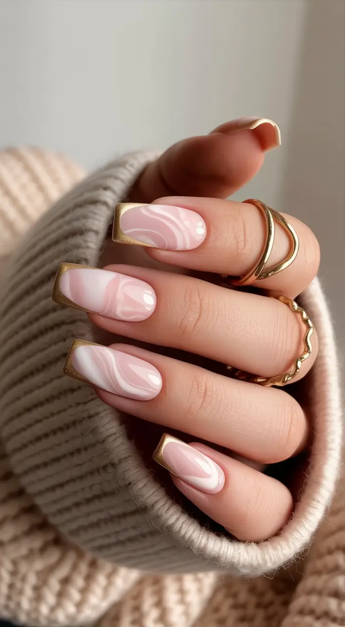 pastel nails Pink marble gold Design ideas 2026