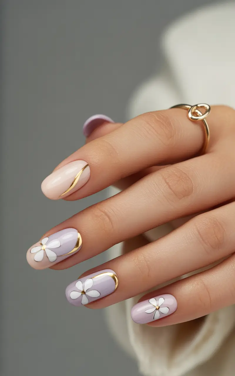 pastel nails Pastel French with Floral Gold Accents