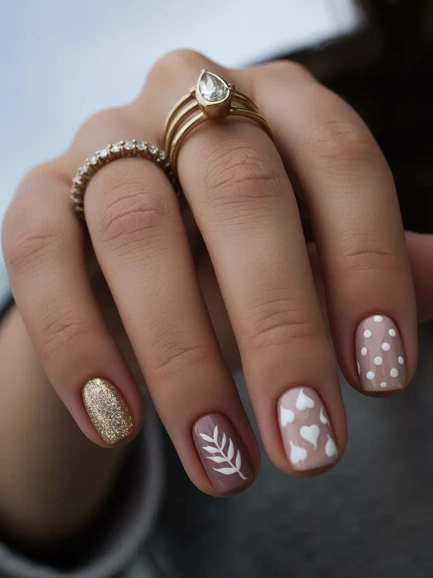 pastel nails Short hearts dots gold Design ideas 2026