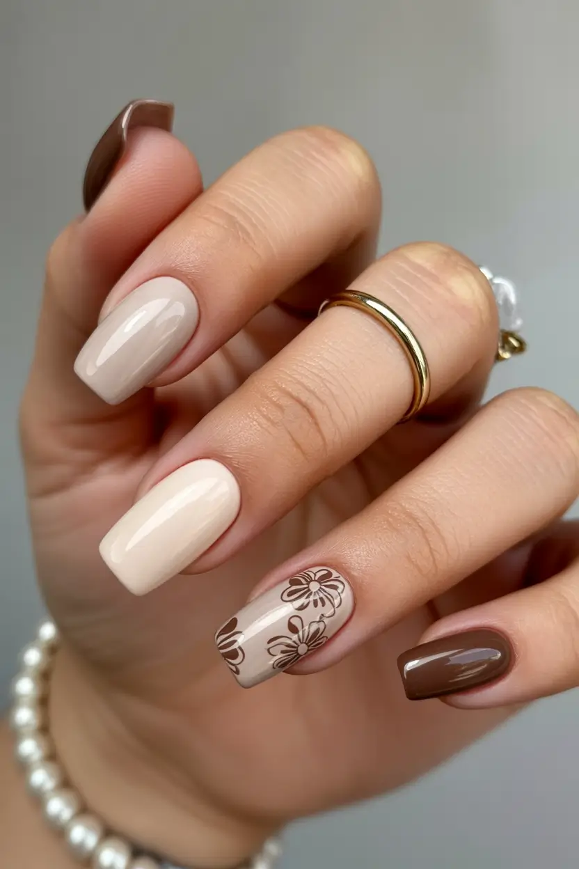 pastel nails neutral Flowers brown Design ideas 2026