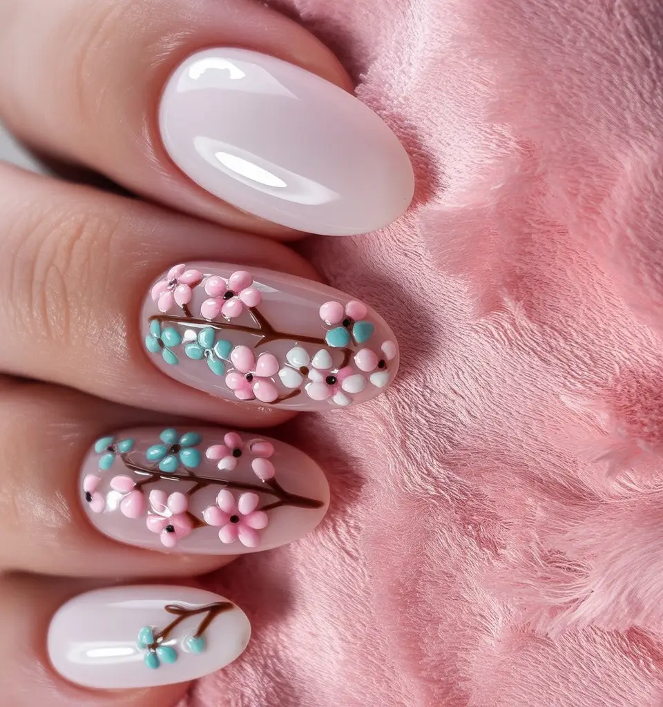 pastel nails Milky Flowers raised Art Design ideas 2026