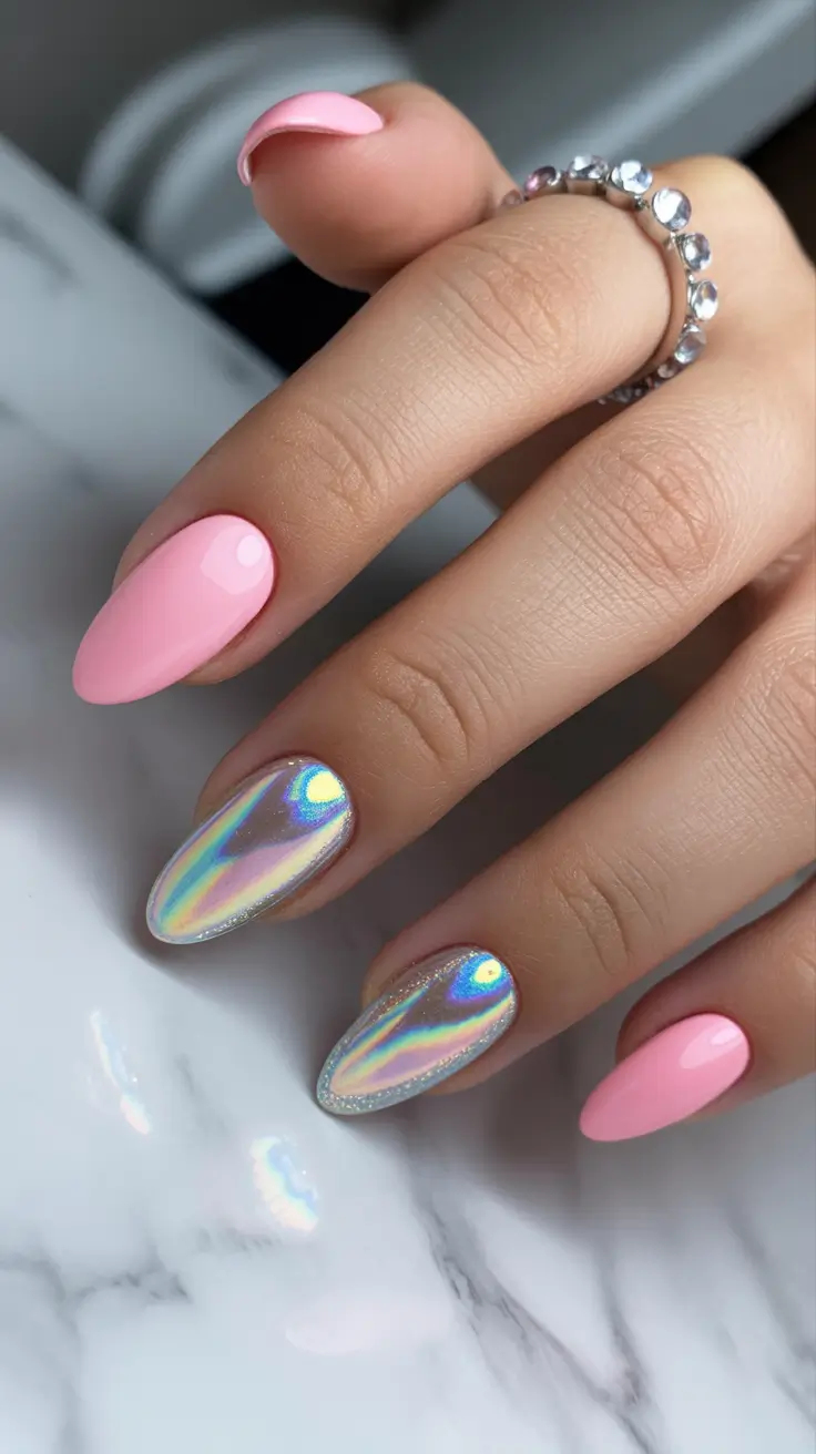 pink nails Soft Pink Almond Nails With Iridescent Accents
