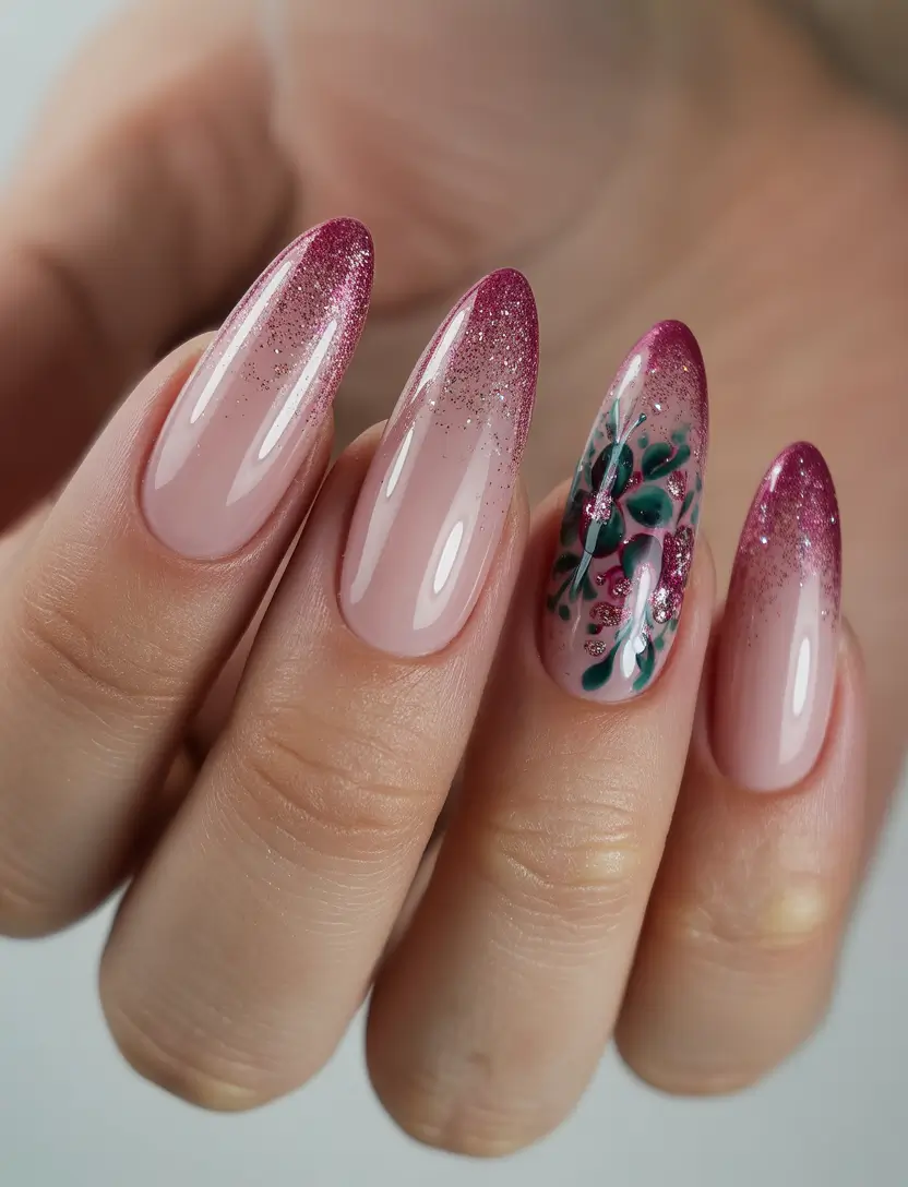 pink nails Glitter Pink Fade With Botanical Art