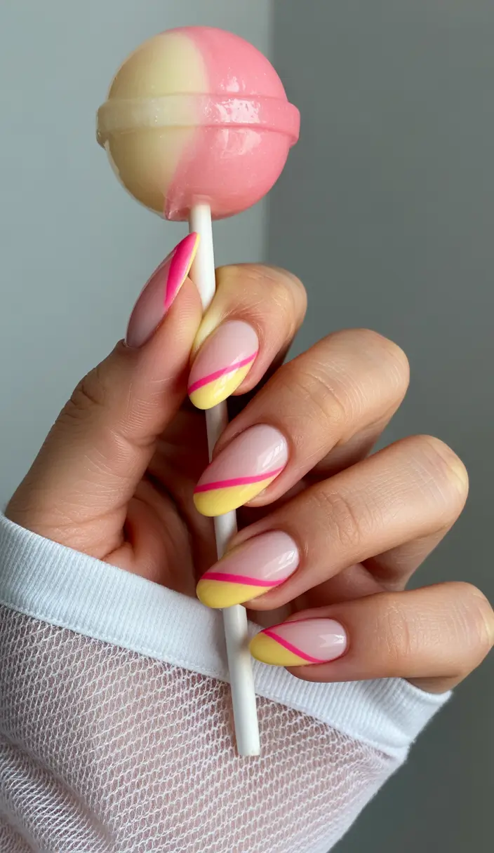 pink nails Pink And Yellow Swirl Nails With Candy Energy