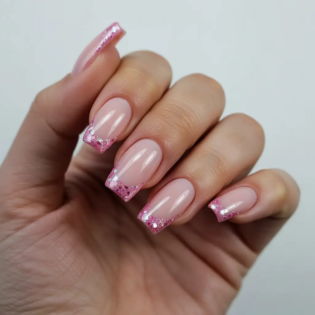 pink nails Square Pink Nails With Glitter French Tips