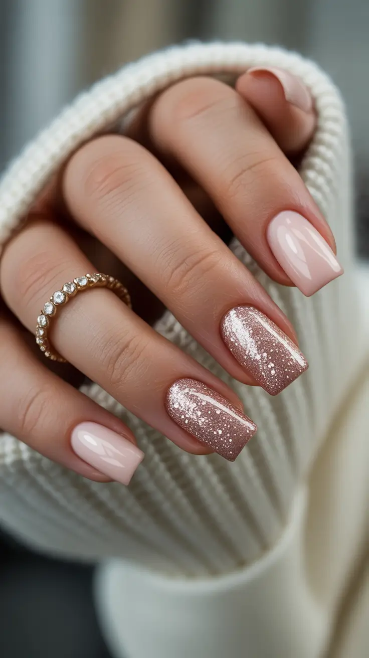 pink nails Blush Pink Coffin Nails With Rose-Gold Sparkle