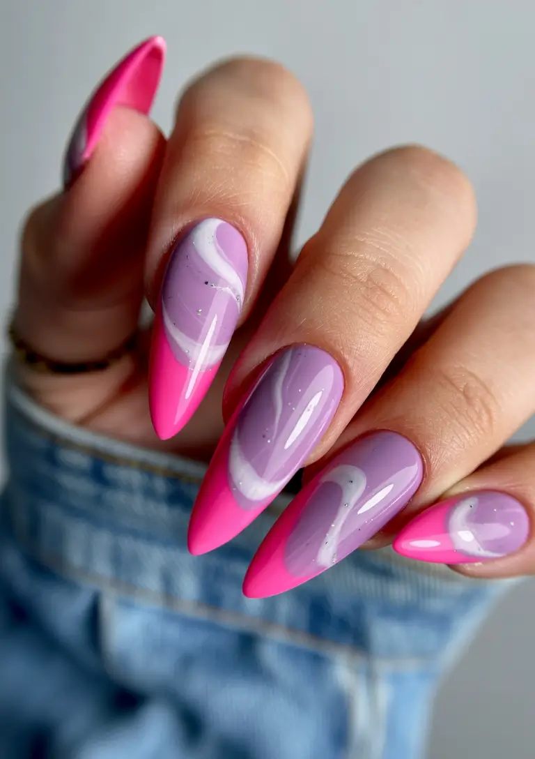pink nails Lavender Pink Stiletto Nails With Fluid Marble Accents