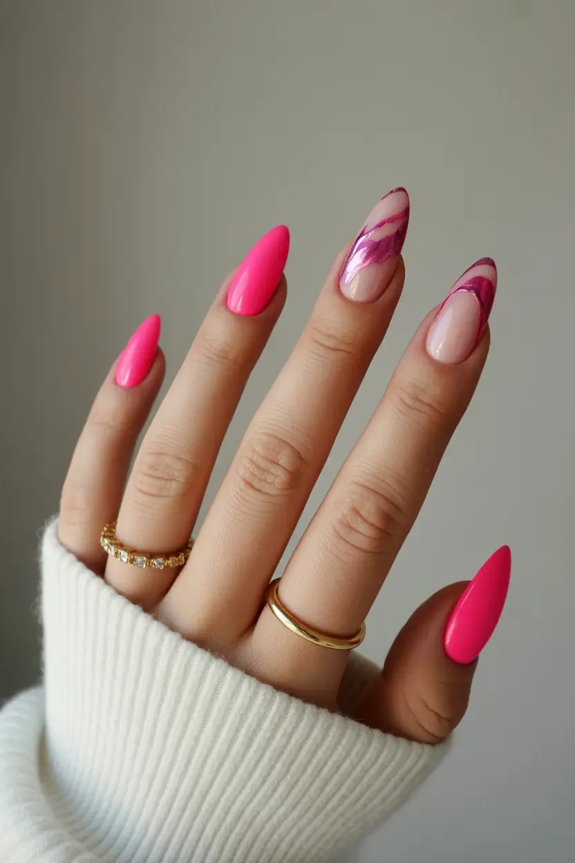 pink nails Classic Hot Pink Almond Nails With Glossy Finish