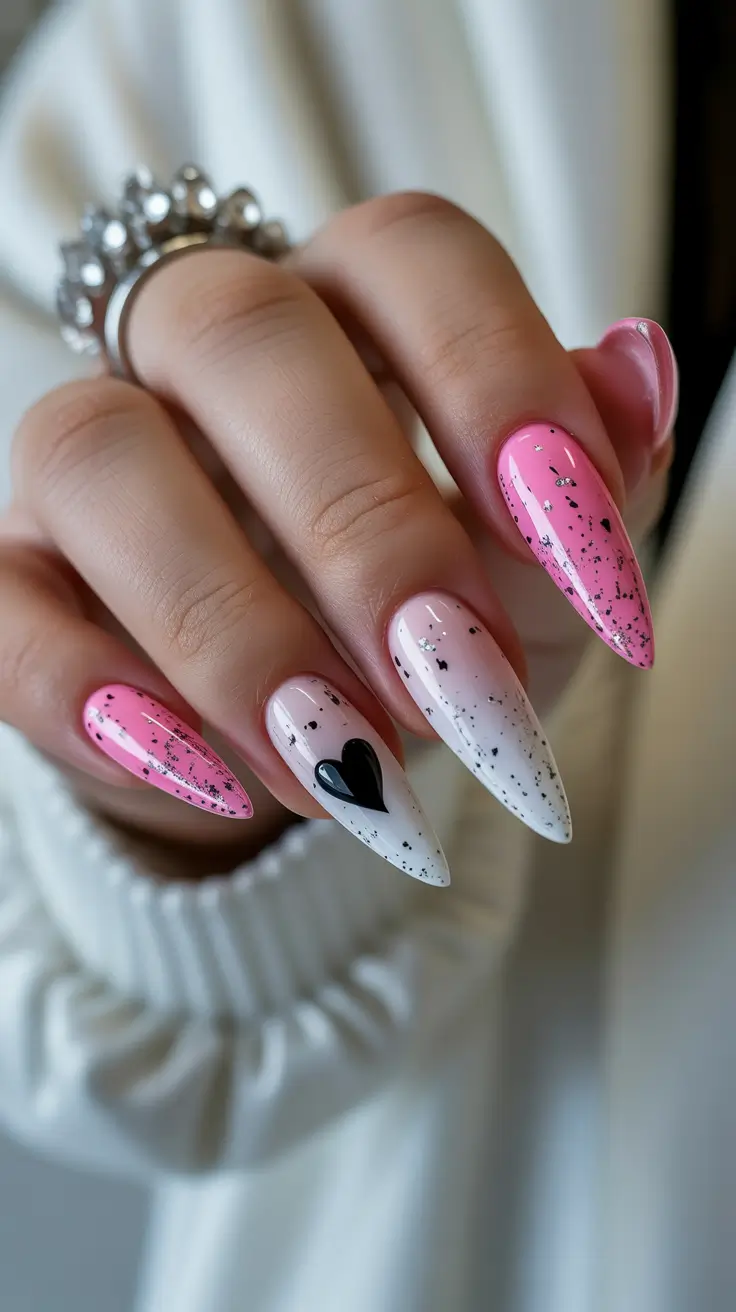 pink nails Pink And White Speckled Nails With Graphic Heart Accent