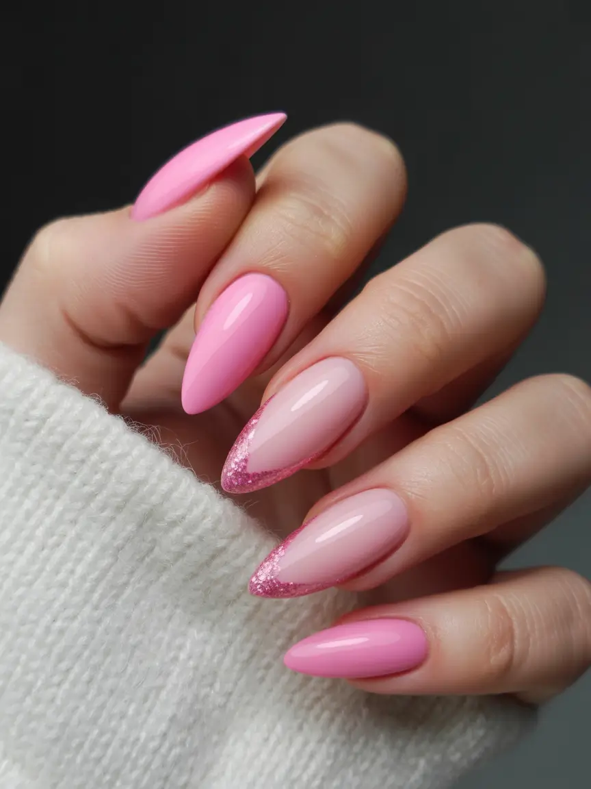 pink nails Soft Pink Almond Nails With Glittered French Tips