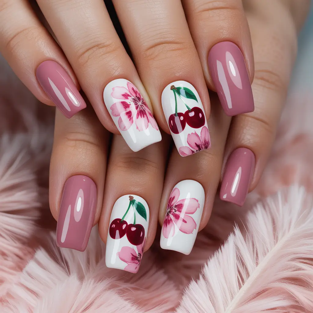 pink nails Dusty Rose Nails With Cherry Art Accents