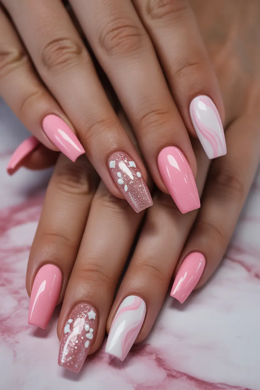 pink nails Glossy Pink Coffin Nails With Abstract White Art