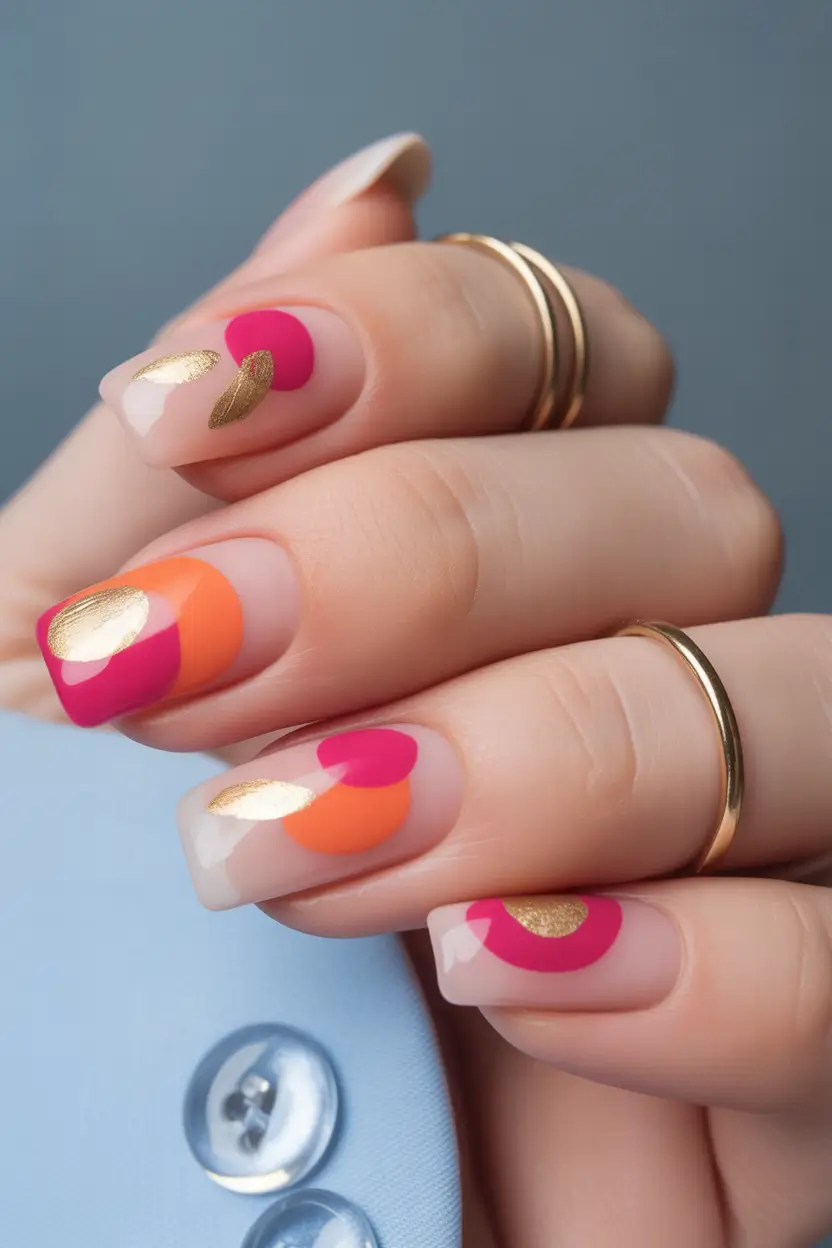 pink nails Pink And Orange Graphic Nails With Gold Foil Accents