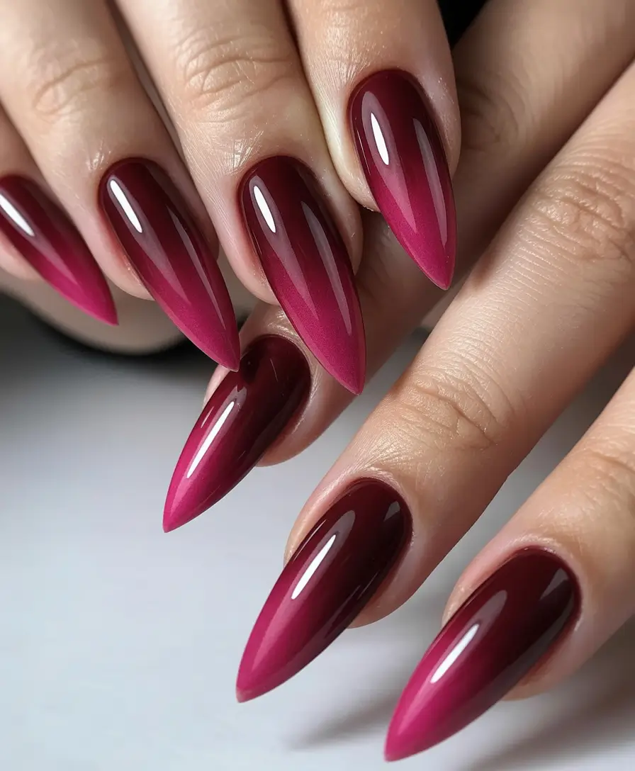 pink nails Dark Berry Pink Stiletto Nails With High-Gloss Finish