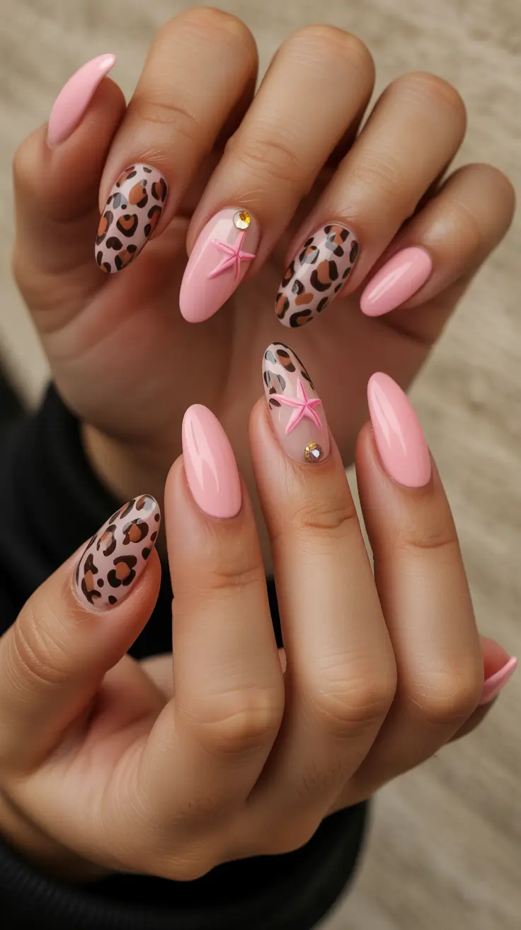 pink nails Soft Pink Almond Nails With Leopard Details